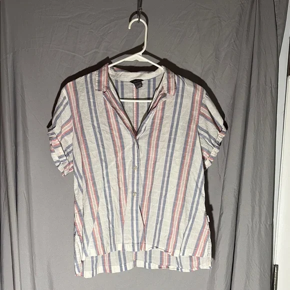 Eddie Bauer Pink and Blue Puff Sleeve Button Down Shirt - Picture 1 of 2